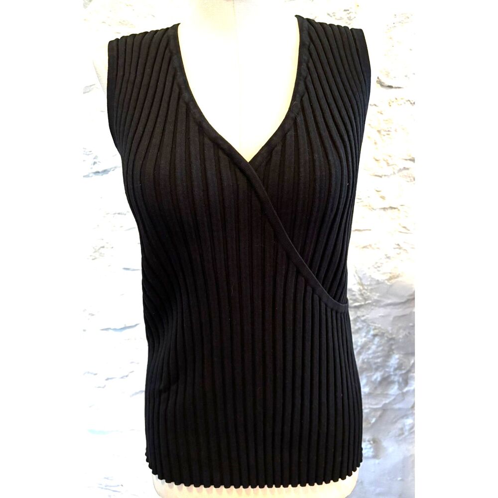 Vintage WD.NY Silk Blend Ribbed Surplice Top Black Sleeveless Y2K Minimalist